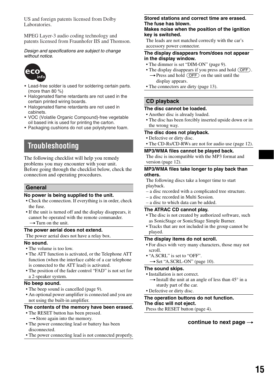 Troubleshooting | Sony CDX-GT200S User Manual | Page 15 / 92