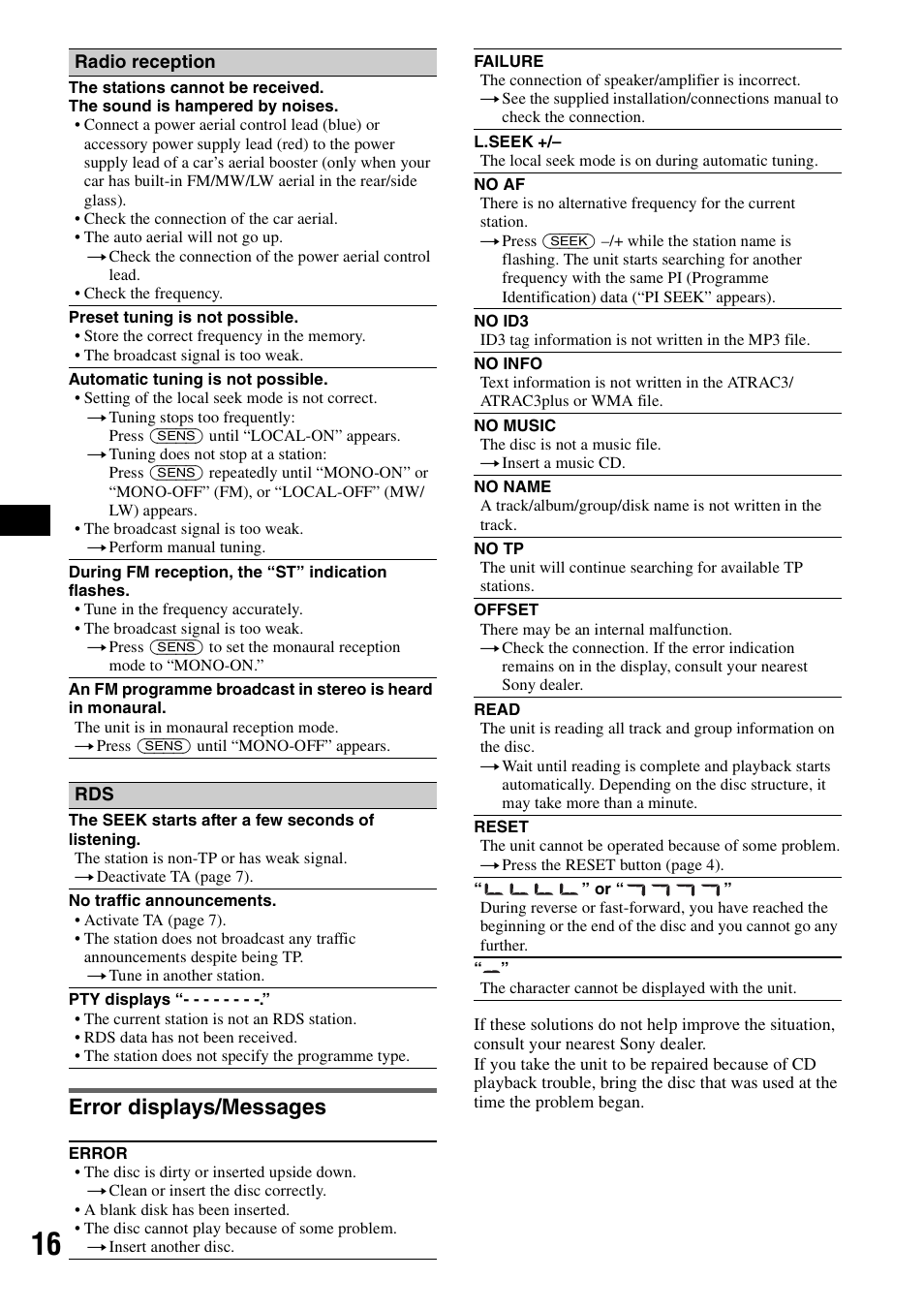 Error displays/messages | Sony CDX-GT200S User Manual | Page 16 / 92