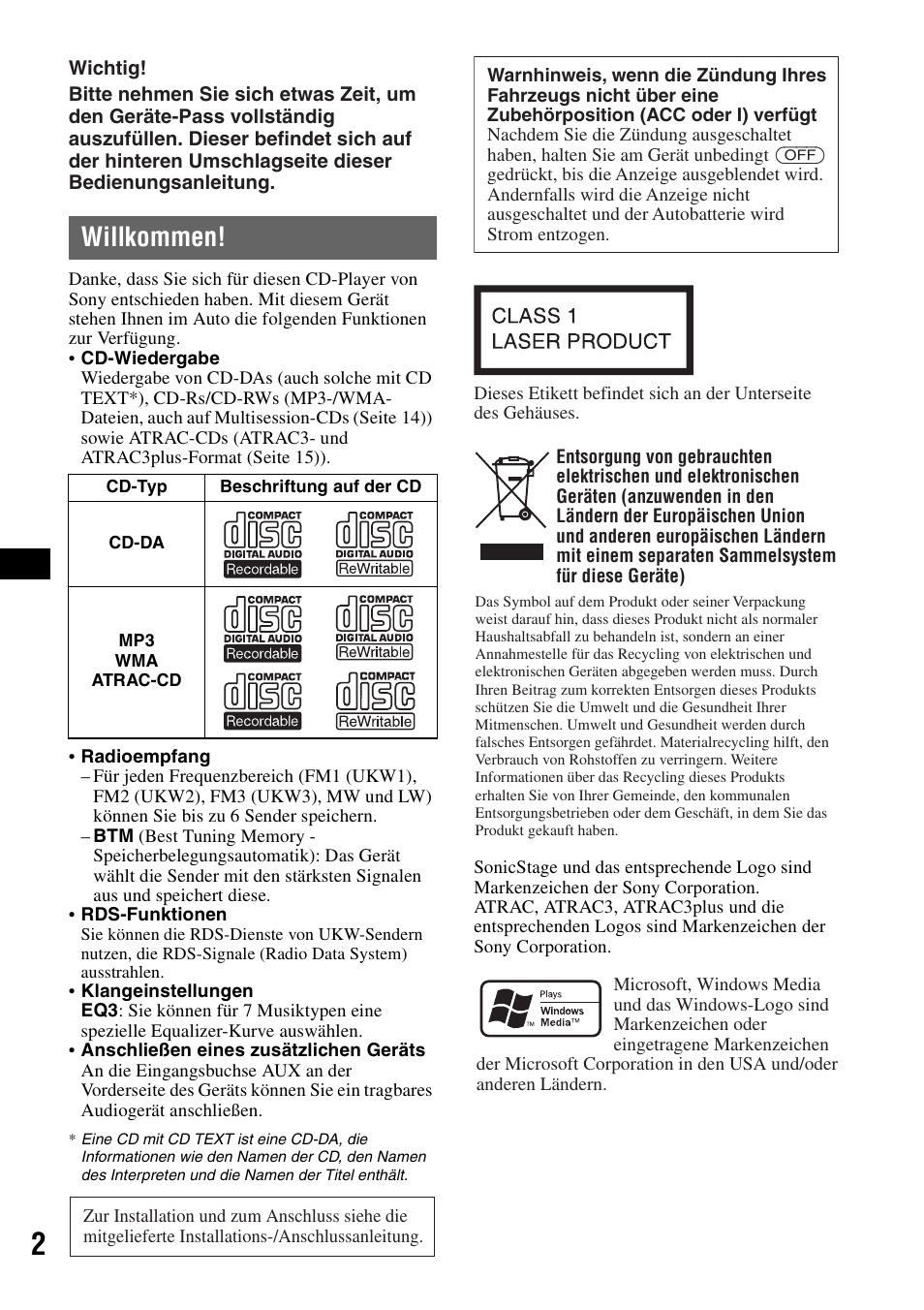 Willkommen | Sony CDX-GT200S User Manual | Page 18 / 92