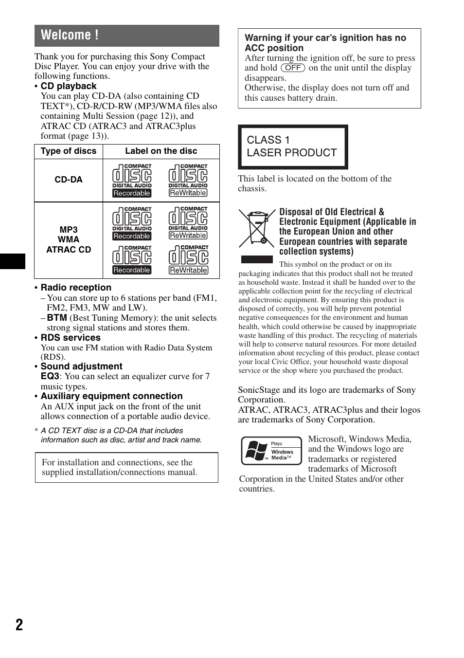 Welcome | Sony CDX-GT200S User Manual | Page 2 / 92
