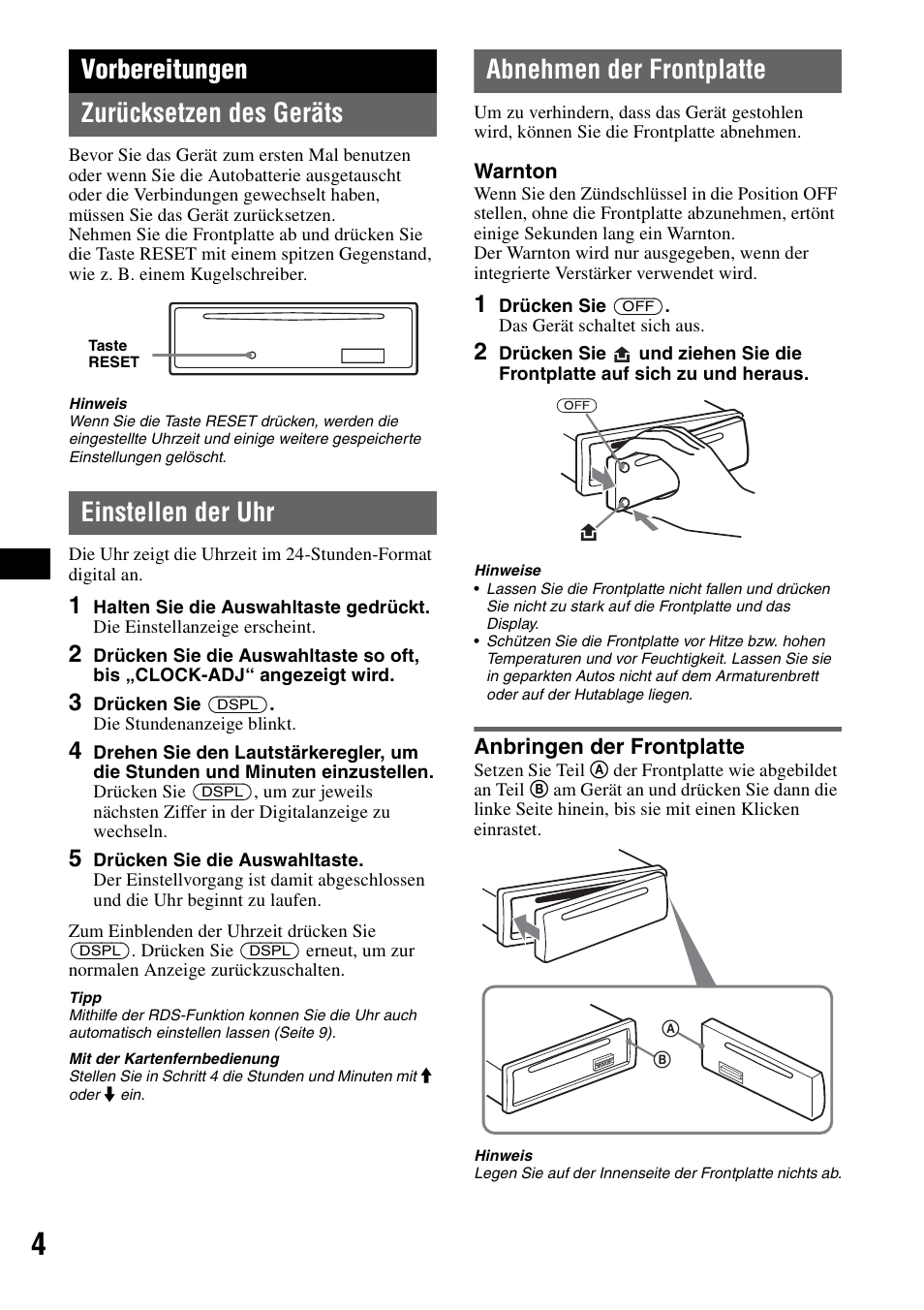 Vorbereitungen, Zurücksetzen des geräts, Einstellen der uhr | Abnehmen der frontplatte, Anbringen der frontplatte, Vorbereitungen zurücksetzen des geräts | Sony CDX-GT200S User Manual | Page 20 / 92