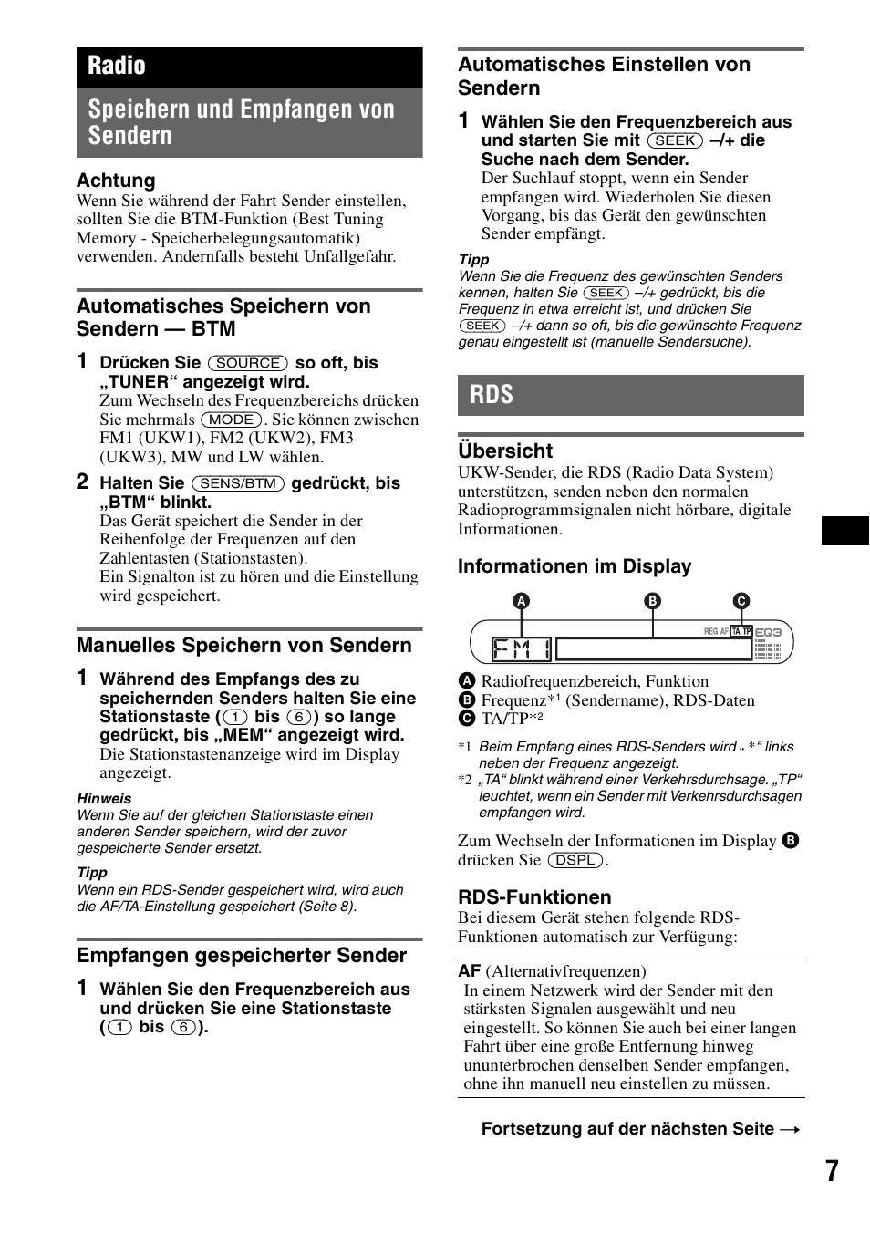 Radio, Speichern und empfangen von sendern, Automatisches speichern von sendern - btm | Manuelles speichern von sendern, Empfangen gespeicherter sender, Automatisches einstellen von sendern, Übersicht, Automatisches speichern von sendern, Radio speichern und empfangen von sendern | Sony CDX-GT200S User Manual | Page 23 / 92