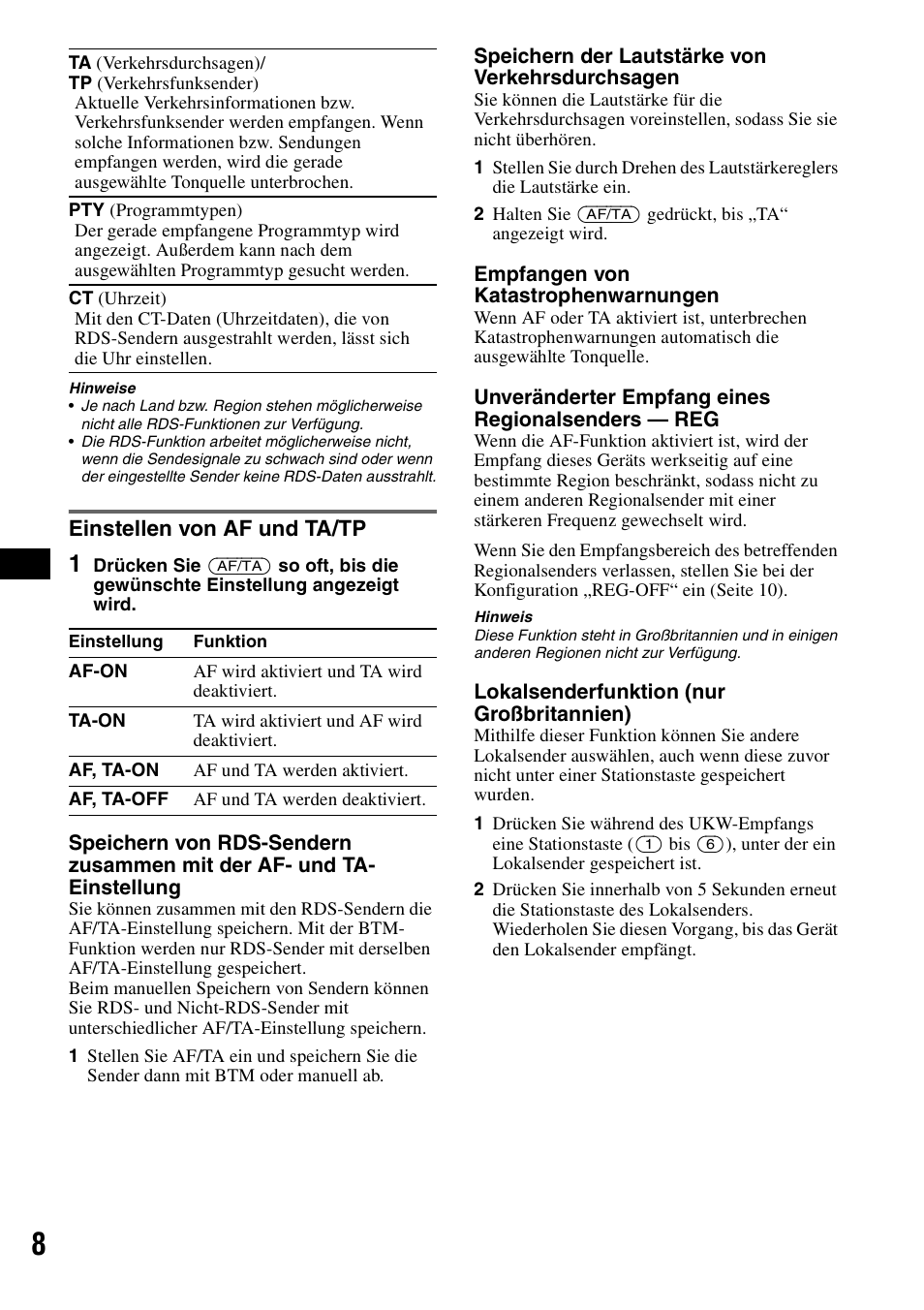 Einstellen von af und ta/tp | Sony CDX-GT200S User Manual | Page 24 / 92