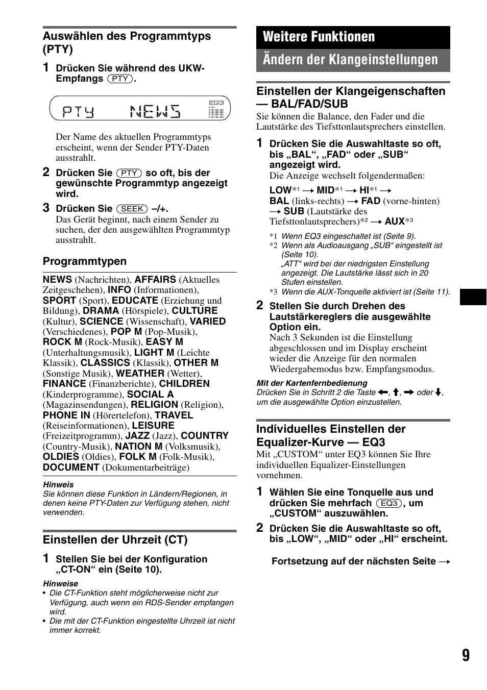 Auswählen des programmtyps (pty), Einstellen der uhrzeit (ct), Weitere funktionen | Ändern der klangeinstellungen, Einstellen der klangeigenschaften - bal/fad/sub, Individuelles einstellen der equalizer-kurve - eq3, Einstellen der klangeigenschaften, Weitere funktionen ändern der klangeinstellungen | Sony CDX-GT200S User Manual | Page 25 / 92
