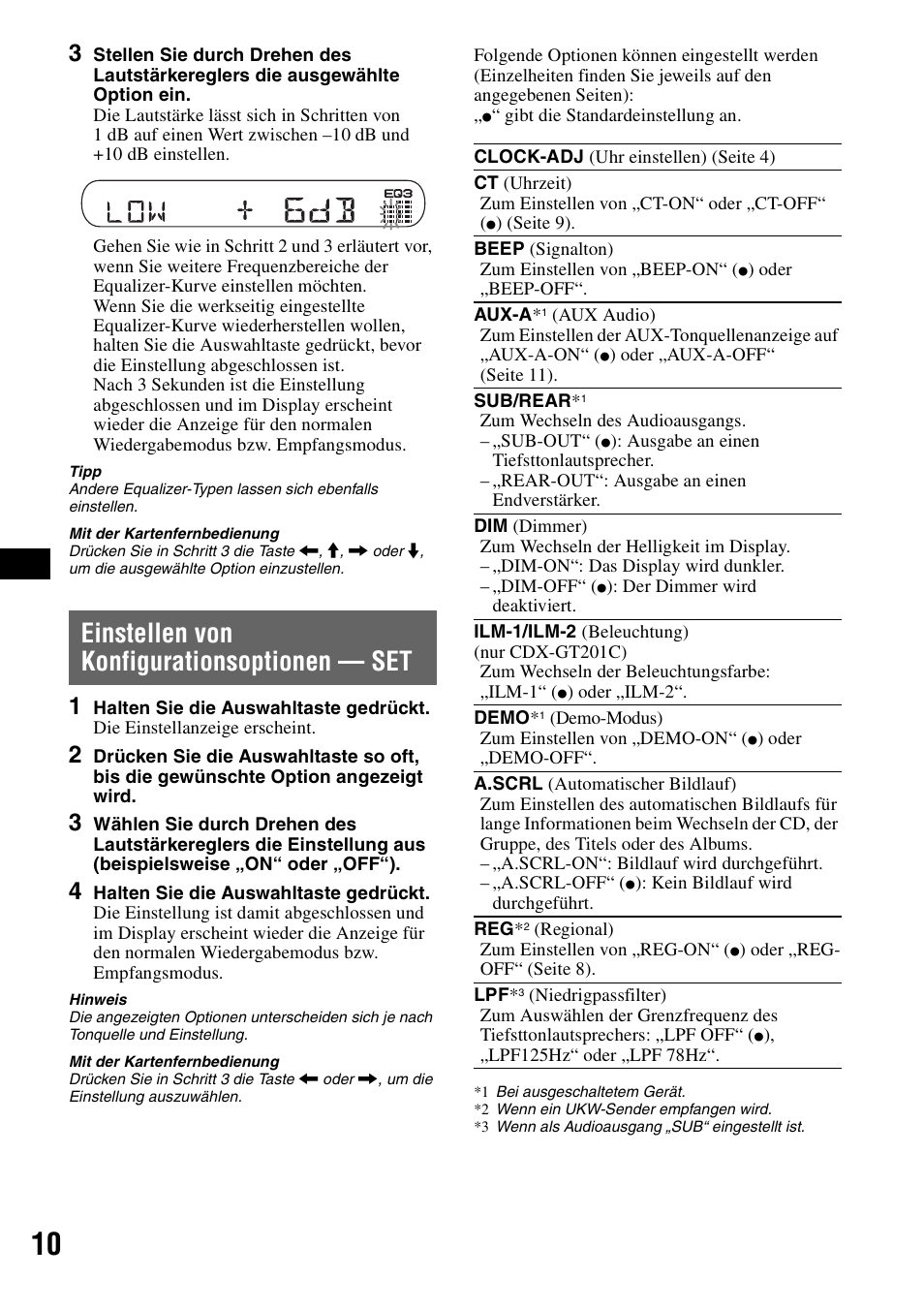 Einstellen von konfigurationsoptionen - set, F seite 10, Einstellen von konfigurationsoptionen | Seite 10), Seite 10, Einstellen von konfigurationsoptionen — set | Sony CDX-GT200S User Manual | Page 26 / 92