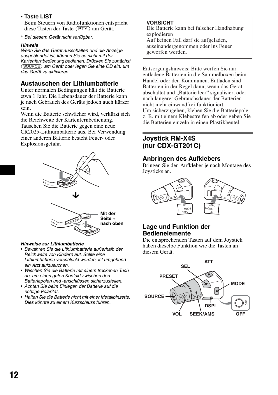 Joystick rm-x4s (nur cdx-gt201c), Joystick rm-x4s, Nur cdx-gt201c) | Austauschen der lithiumbatterie, Anbringen des aufklebers, Lage und funktion der bedienelemente | Sony CDX-GT200S User Manual | Page 28 / 92
