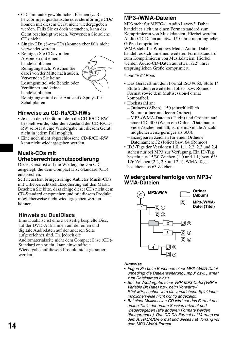 Mp3-/wma-dateien, Hinweise zu cd-rs/cd-rws, Musik-cds mit urheberrechtsschutzcodierung | Wiedergabereihenfolge von mp3-/ wma-dateien, Hinweis zu dualdiscs | Sony CDX-GT200S User Manual | Page 30 / 92