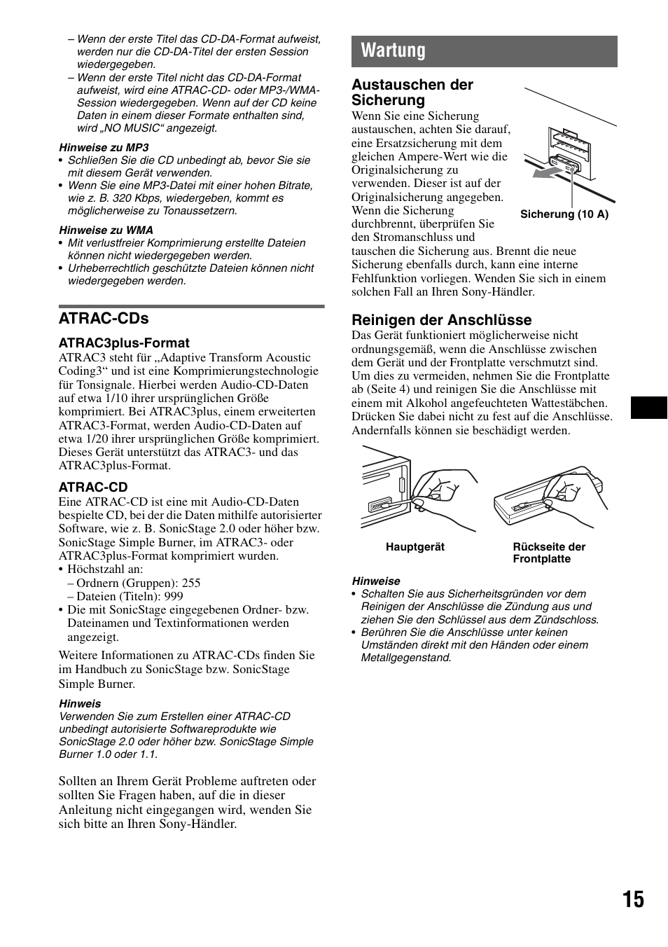 Atrac-cds, Wartung, Austauschen der sicherung | Reinigen der anschlüsse | Sony CDX-GT200S User Manual | Page 31 / 92
