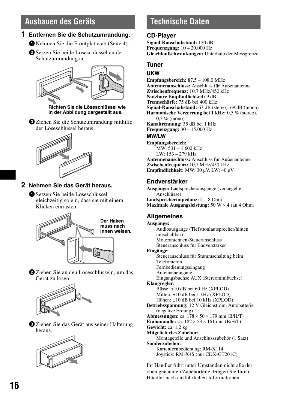 Ausbauen des geräts, Technische daten, Ausbauen des geräts technische daten | Sony CDX-GT200S User Manual | Page 32 / 92