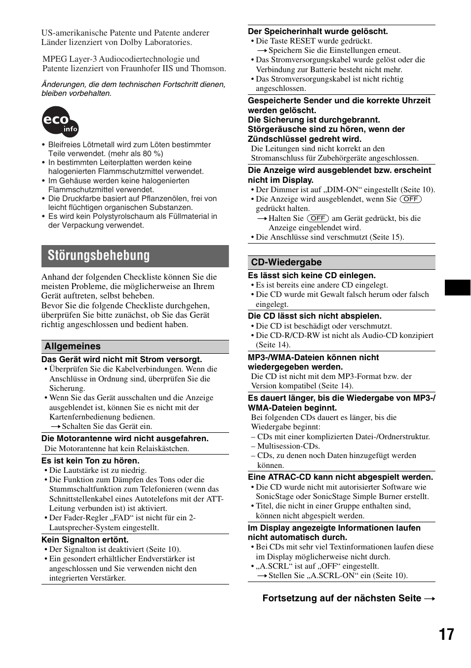 Störungsbehebung | Sony CDX-GT200S User Manual | Page 33 / 92