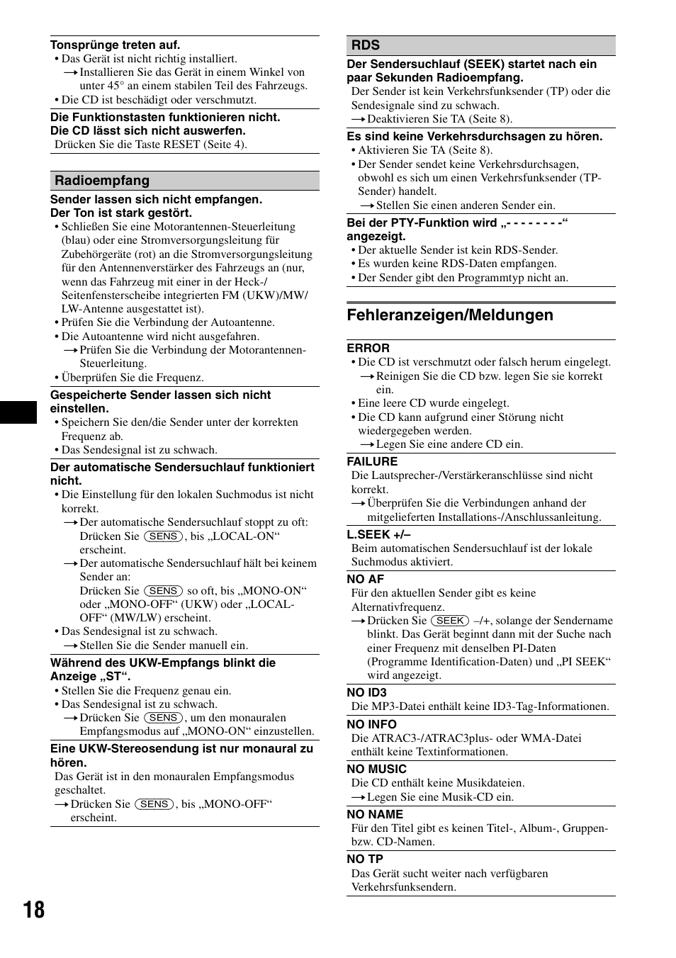 Fehleranzeigen/meldungen | Sony CDX-GT200S User Manual | Page 34 / 92