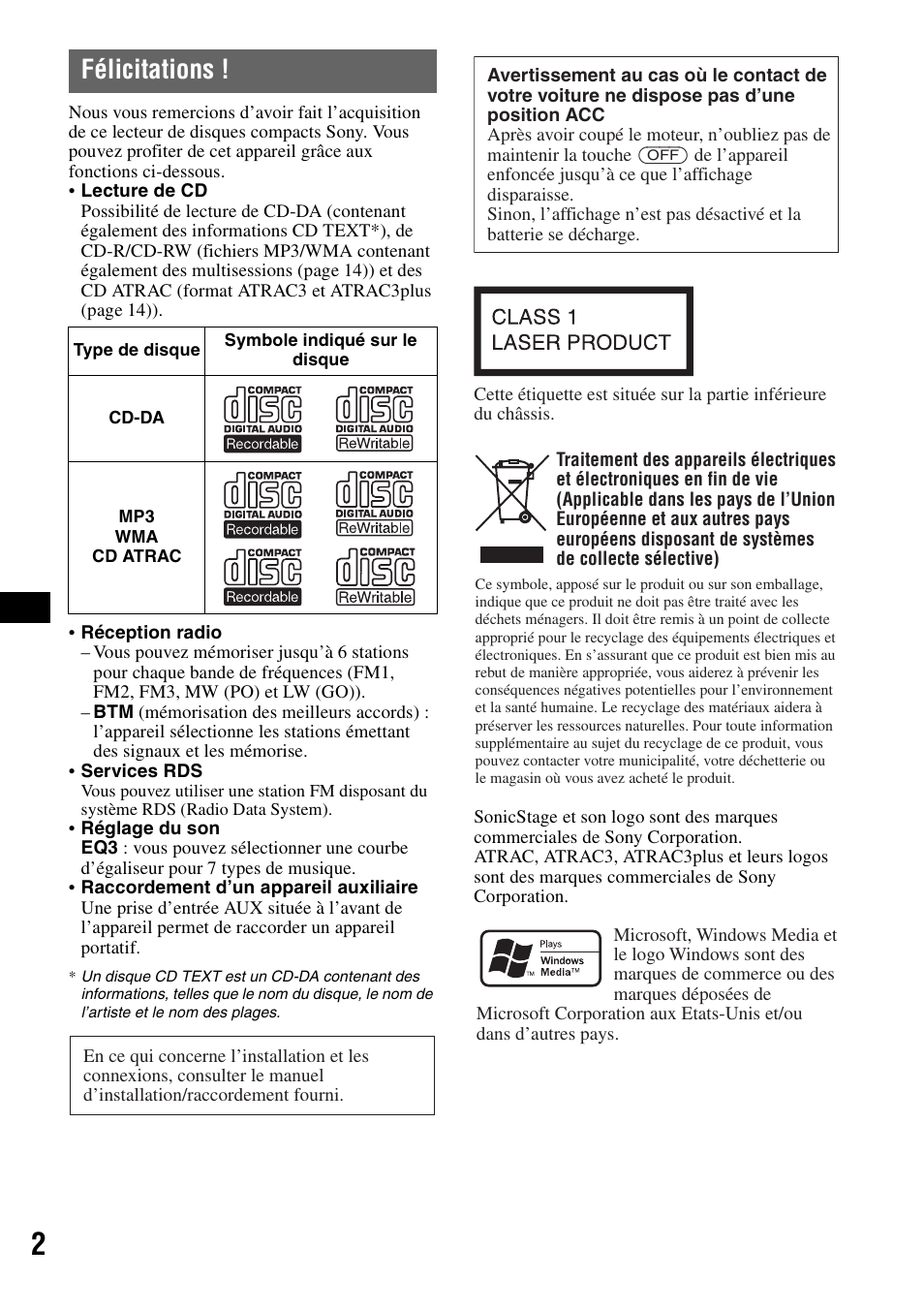 Félicitations | Sony CDX-GT200S User Manual | Page 36 / 92