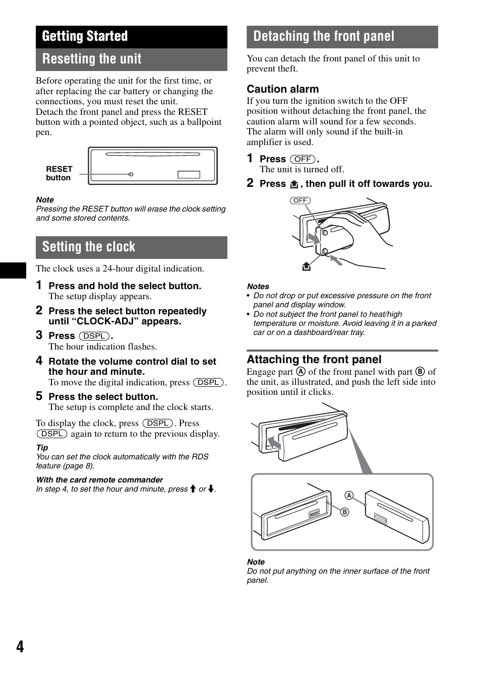 Getting started, Resetting the unit, Setting the clock | Detaching the front panel, Attaching the front panel, Getting started resetting the unit | Sony CDX-GT200S User Manual | Page 4 / 92