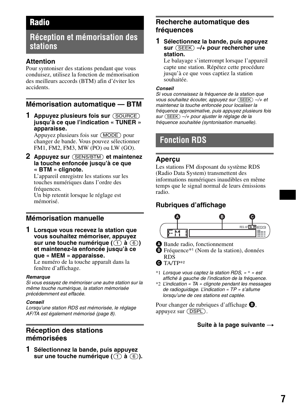 Radio, Réception et mémorisation des stations, Mémorisation automatique - btm | Mémorisation manuelle, Réception des stations mémorisées, Recherche automatique des fréquences, Fonction rds, Aperçu, Radio réception et mémorisation des stations | Sony CDX-GT200S User Manual | Page 41 / 92