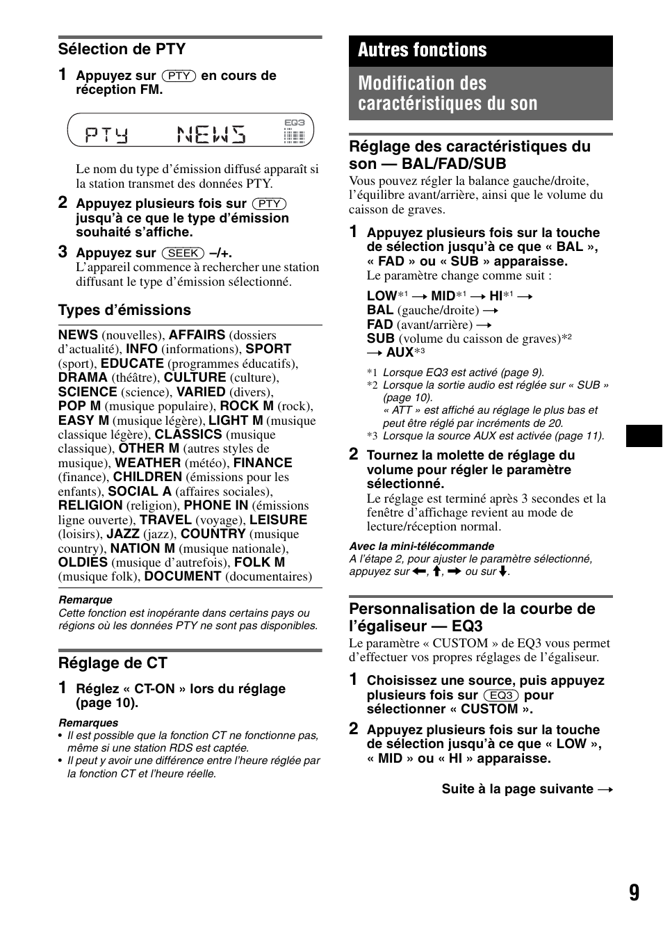 Sélection de pty, Réglage de ct, Autres fonctions | Modification des caractéristiques du son, Réglage des caractéristiques du son - bal/fad/sub, Personnalisation de la courbe de l’égaliseur - eq3, Sélection de pty réglage de ct, Réglage des caractéristiques du son, On 9 | Sony CDX-GT200S User Manual | Page 43 / 92
