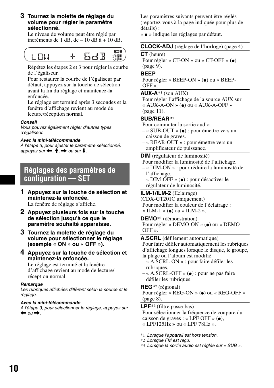 Réglages des paramètres de configuration - set, Réglages des paramètres de configuration, Réglages des paramètres de configuration — set | Sony CDX-GT200S User Manual | Page 44 / 92