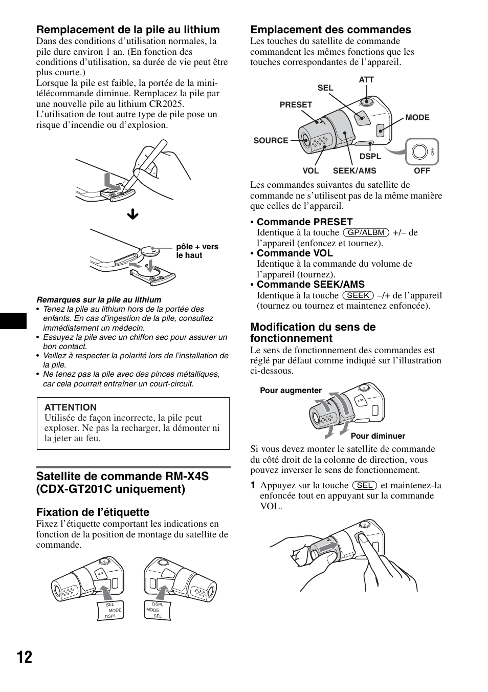 Satellite de commande rm-x4s, Cdx-gt201c uniquement), Remplacement de la pile au lithium | Fixation de l’étiquette, Emplacement des commandes, Modification du sens de fonctionnement | Sony CDX-GT200S User Manual | Page 46 / 92