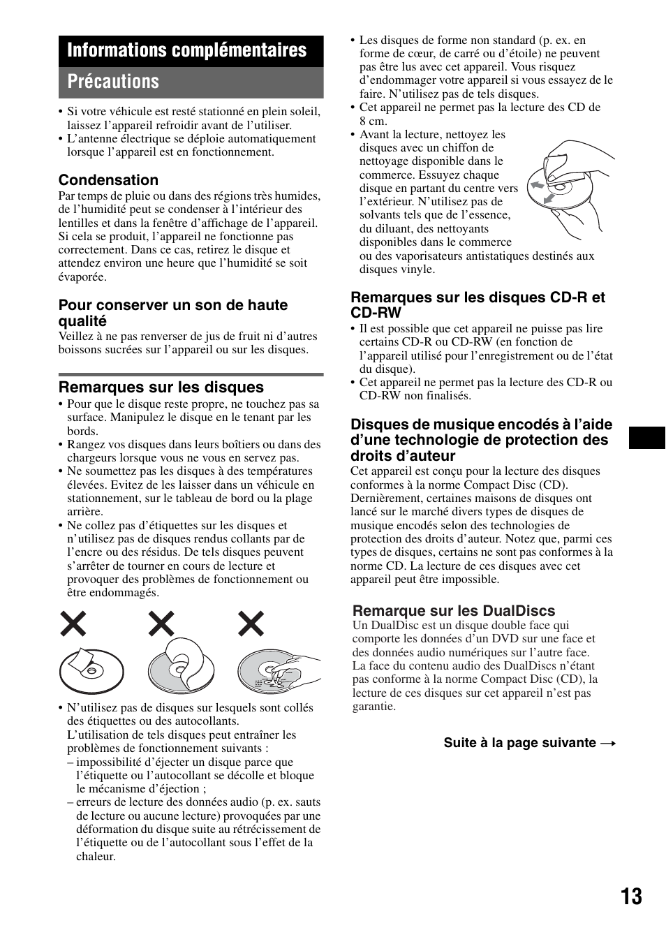 Informations complémentaires, Précautions, Remarques sur les disques | Informations complémentaires précautions | Sony CDX-GT200S User Manual | Page 47 / 92