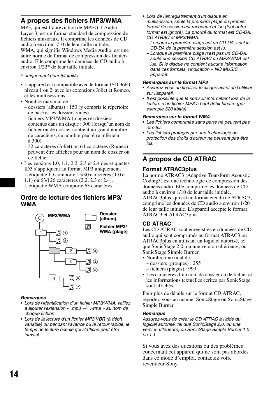 A propos des fichiers mp3/wma, A propos de cd atrac, A propos des fichiers mp3/wma a propos de cd atrac | Ordre de lecture des fichiers mp3/ wma | Sony CDX-GT200S User Manual | Page 48 / 92