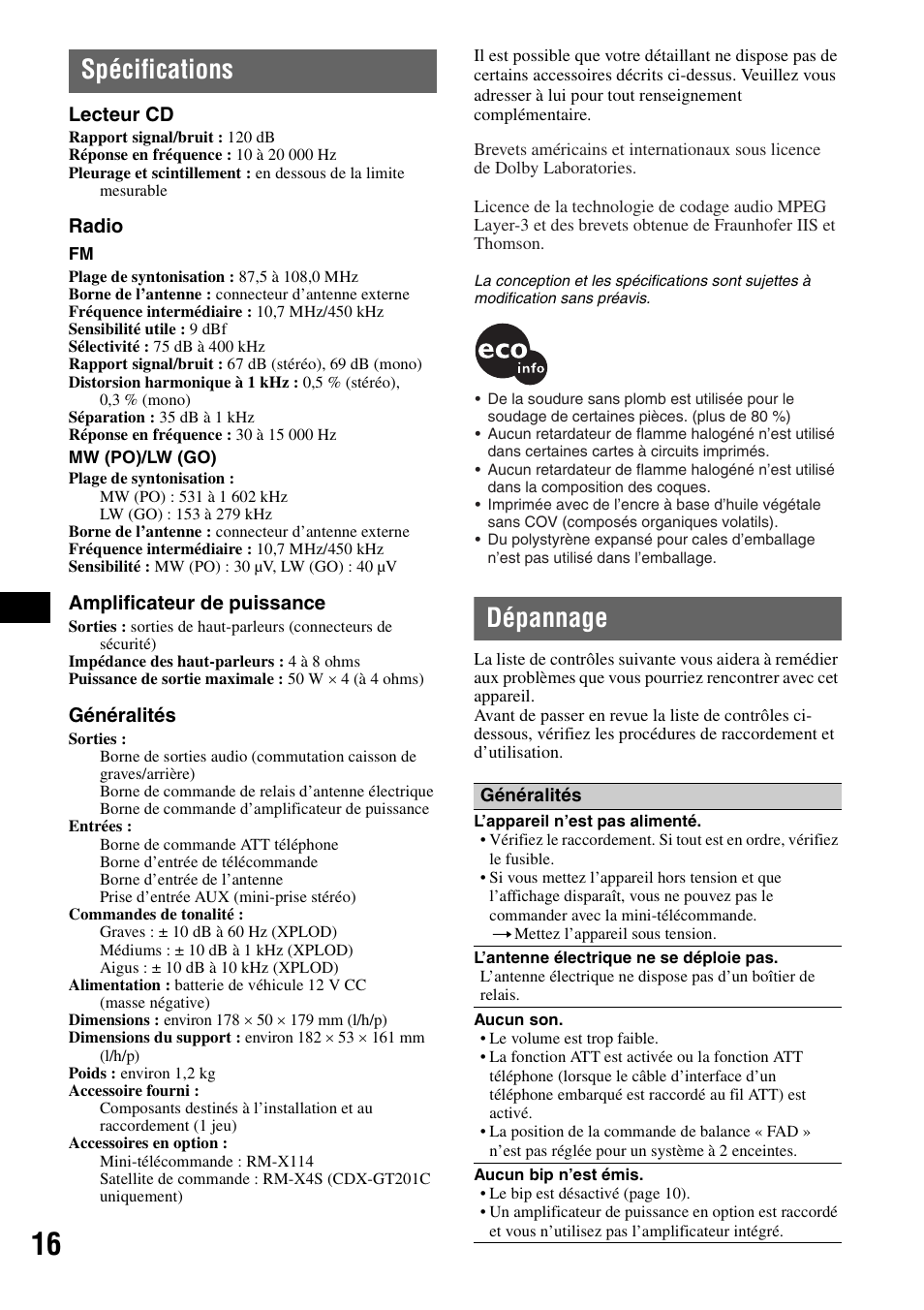 Spécifications, Dépannage, Spécifications dépannage | Sony CDX-GT200S User Manual | Page 50 / 92