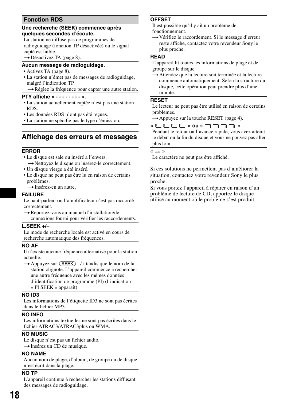 Affichage des erreurs et messages | Sony CDX-GT200S User Manual | Page 52 / 92