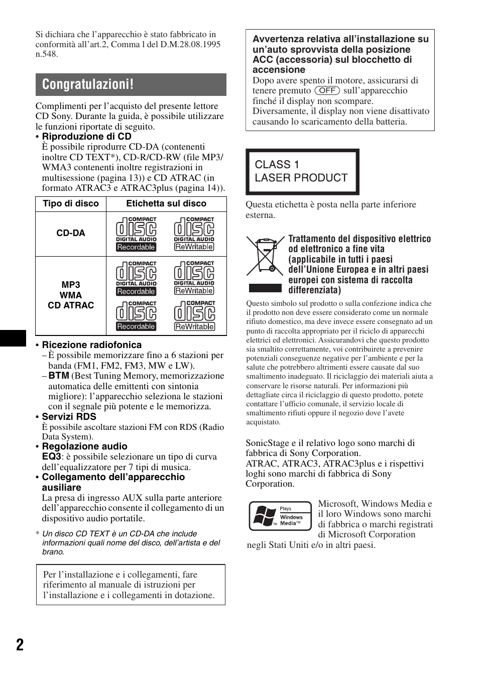 Congratulazioni | Sony CDX-GT200S User Manual | Page 54 / 92