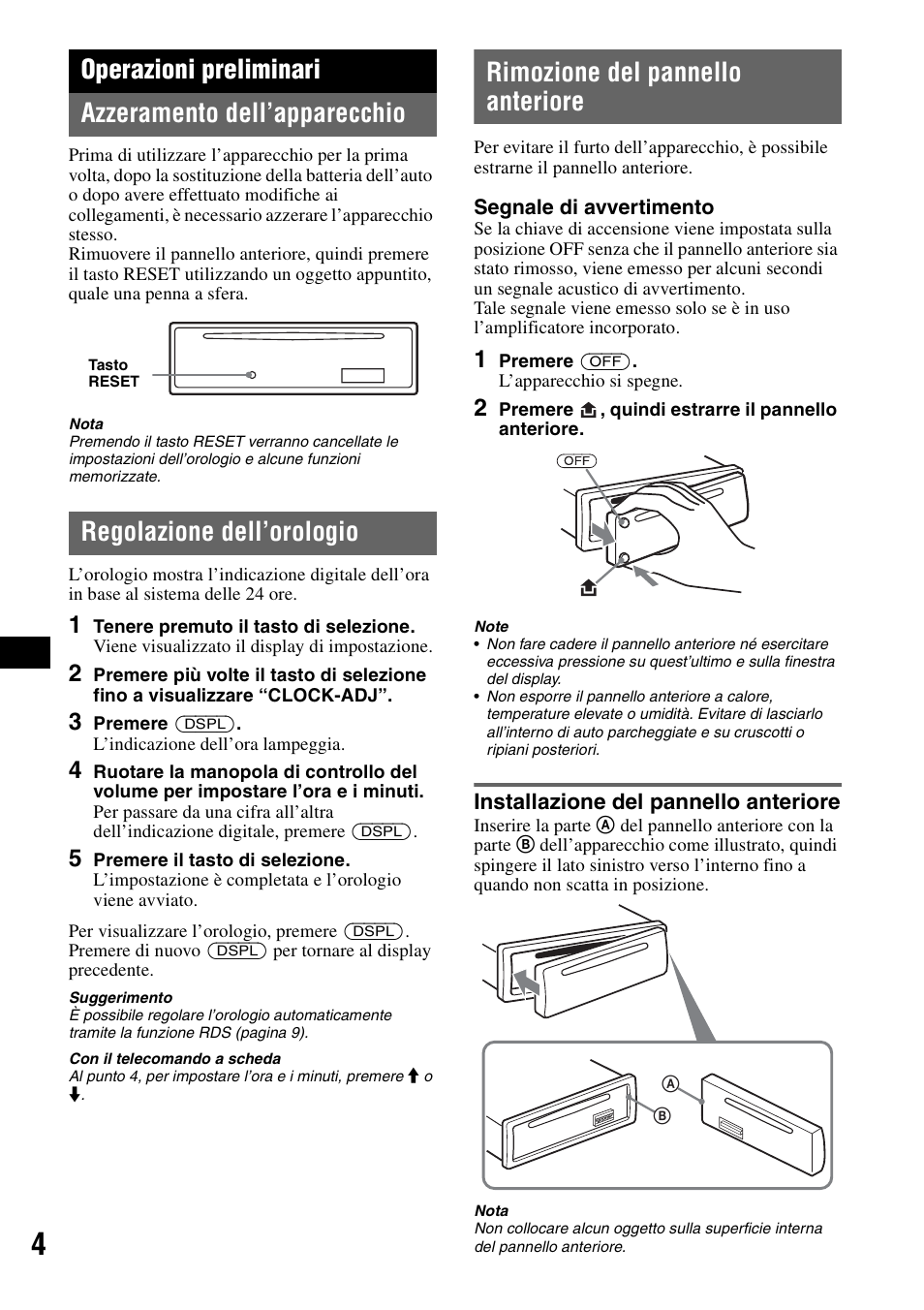 Operazioni preliminari, Azzeramento dell’apparecchio, Regolazione dell’orologio | Rimozione del pannello anteriore, Installazione del pannello anteriore | Sony CDX-GT200S User Manual | Page 56 / 92
