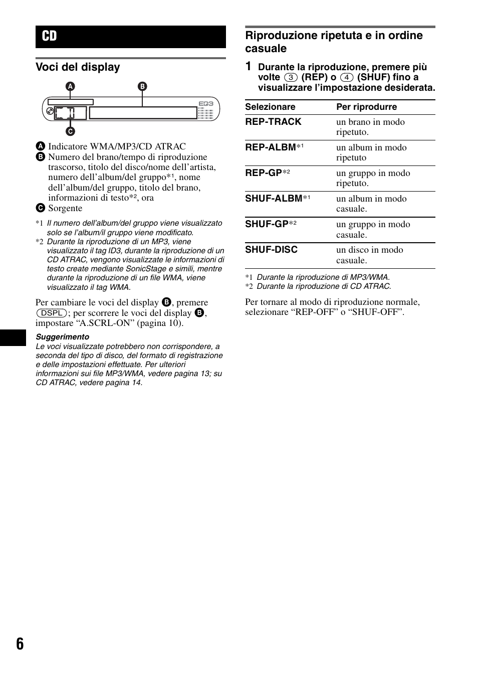 Voci del display, Riproduzione ripetuta e in ordine casuale, Shuf 6 | Sony CDX-GT200S User Manual | Page 58 / 92