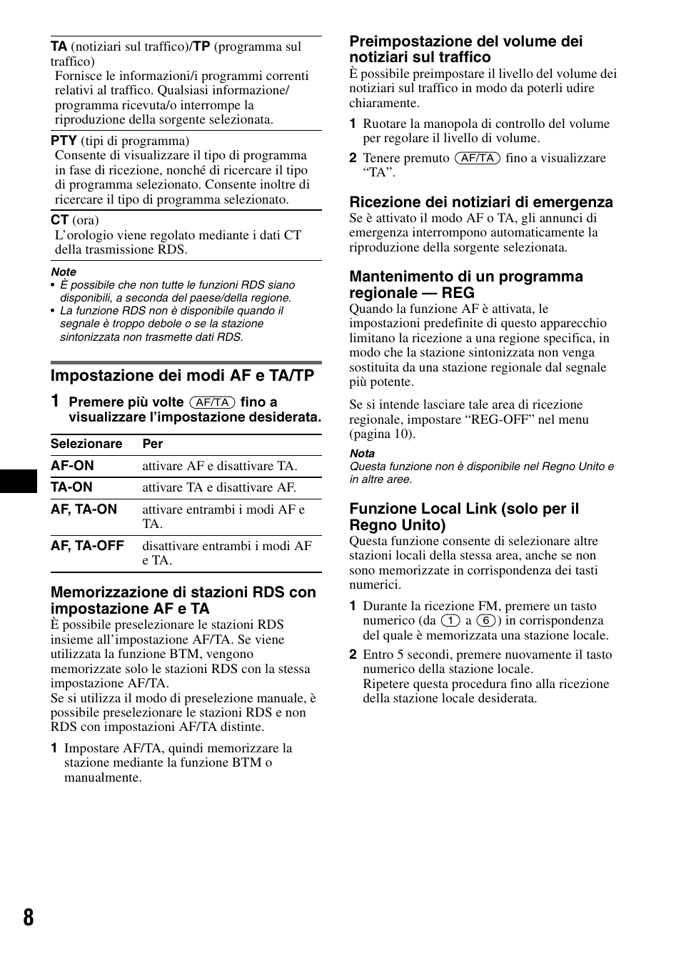 Impostazione dei modi af e ta/tp | Sony CDX-GT200S User Manual | Page 60 / 92