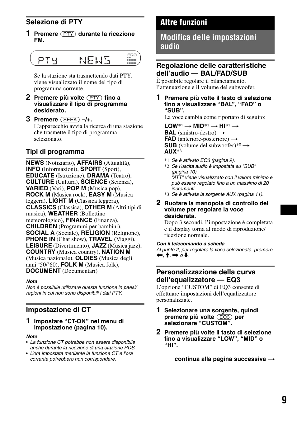 Selezione di pty, Impostazione di ct, Altre funzioni | Modifica delle impostazioni audio, Selezione di pty impostazione di ct, Regolazione delle caratteristiche dell’audio, Altre funzioni modifica delle impostazioni audio | Sony CDX-GT200S User Manual | Page 61 / 92
