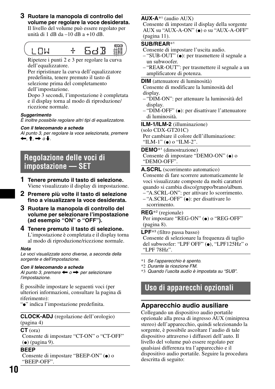 Regolazione delle voci di impostazione - set, Uso di apparecchi opzionali, Apparecchio audio ausiliare | Regolazione delle voci di impostazione, Set uso di apparecchi opzionali, Regolazione delle voci di impostazione — set | Sony CDX-GT200S User Manual | Page 62 / 92