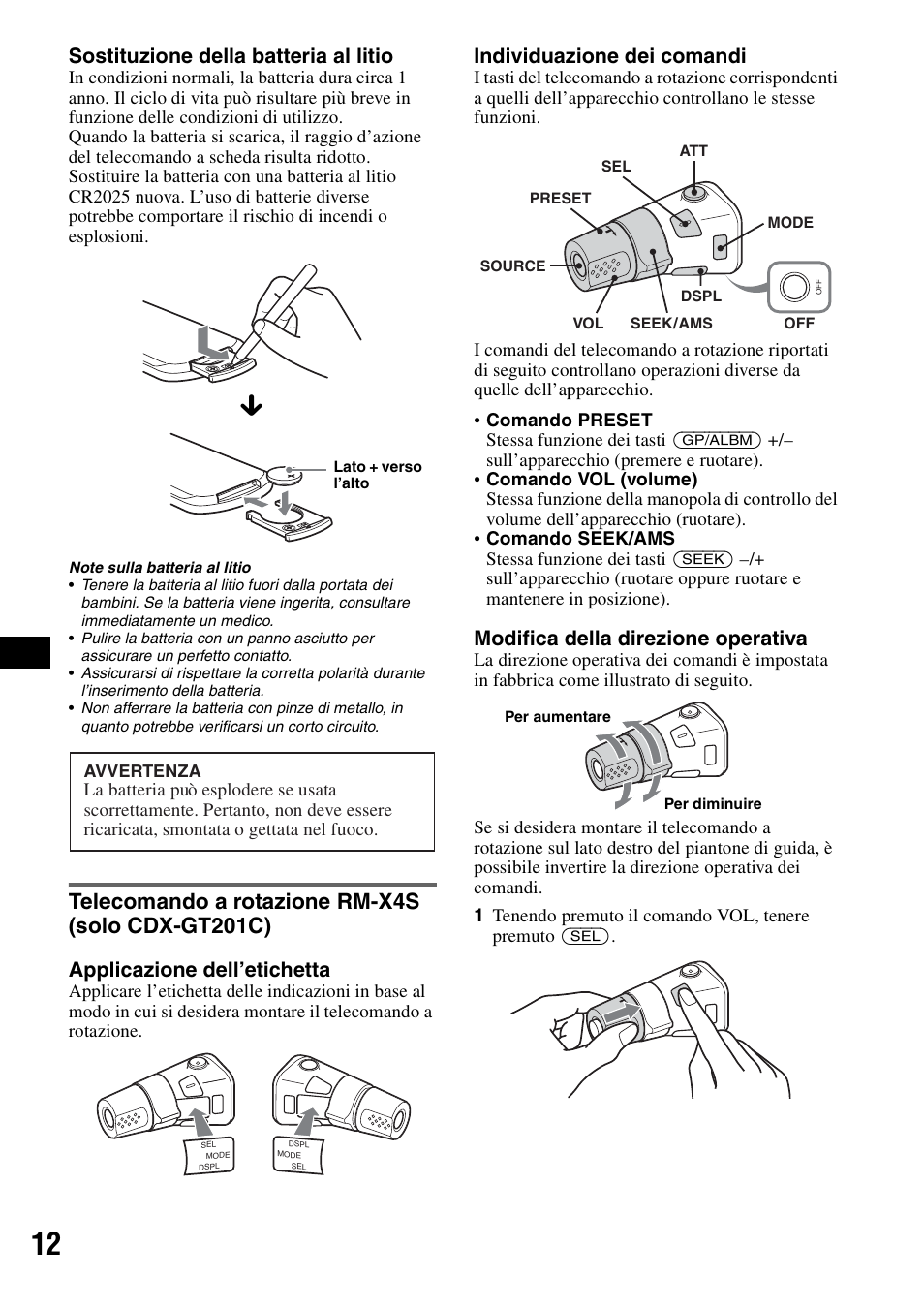 Telecomando a rotazione rm-x4s (solo cdx-gt201c), Telecomando a rotazione rm-x4s, Solo cdx-gt201c) | Sostituzione della batteria al litio, Applicazione dell’etichetta, Individuazione dei comandi, Modifica della direzione operativa | Sony CDX-GT200S User Manual | Page 64 / 92
