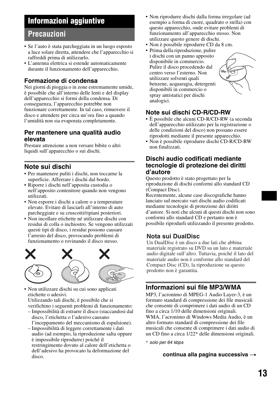Informazioni aggiuntive, Precauzioni, Note sui dischi | Informazioni sui file mp3/wma, Note sui dischi informazioni sui file mp3/wma, Informazioni aggiuntive precauzioni | Sony CDX-GT200S User Manual | Page 65 / 92