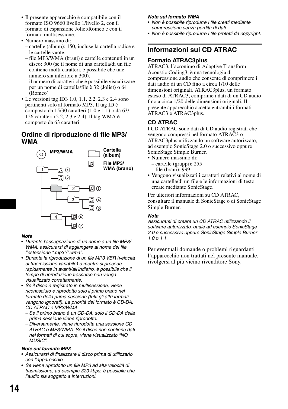 Informazioni sui cd atrac, Ordine di riproduzione di file mp3/ wma | Sony CDX-GT200S User Manual | Page 66 / 92