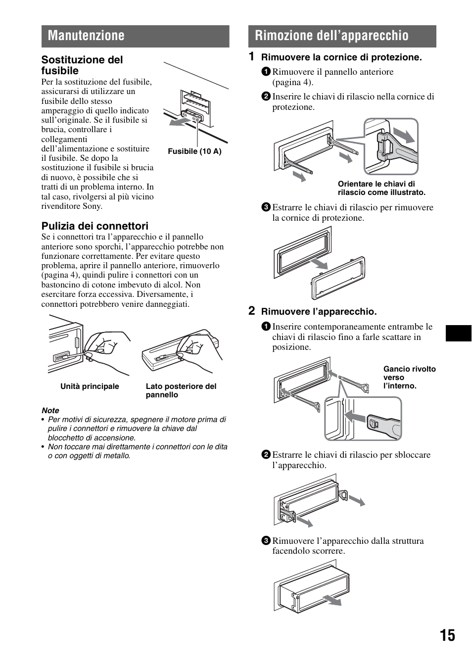 Manutenzione, Rimozione dell’apparecchio, Manutenzione rimozione dell’apparecchio | Sony CDX-GT200S User Manual | Page 67 / 92