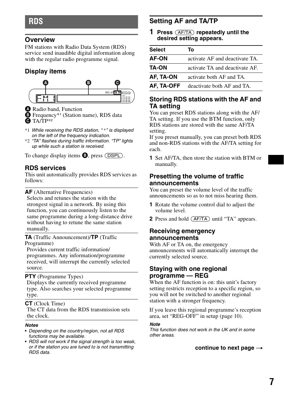 Overview, Setting af and ta/tp, Overview setting af and ta/tp | Sony CDX-GT200S User Manual | Page 7 / 92