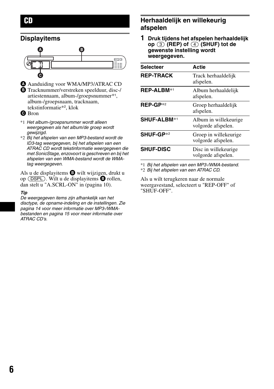 Displayitems, Herhaaldelijk en willekeurig afspelen, Displayitems herhaaldelijk en willekeurig afspelen | Shuf 6 | Sony CDX-GT200S User Manual | Page 76 / 92