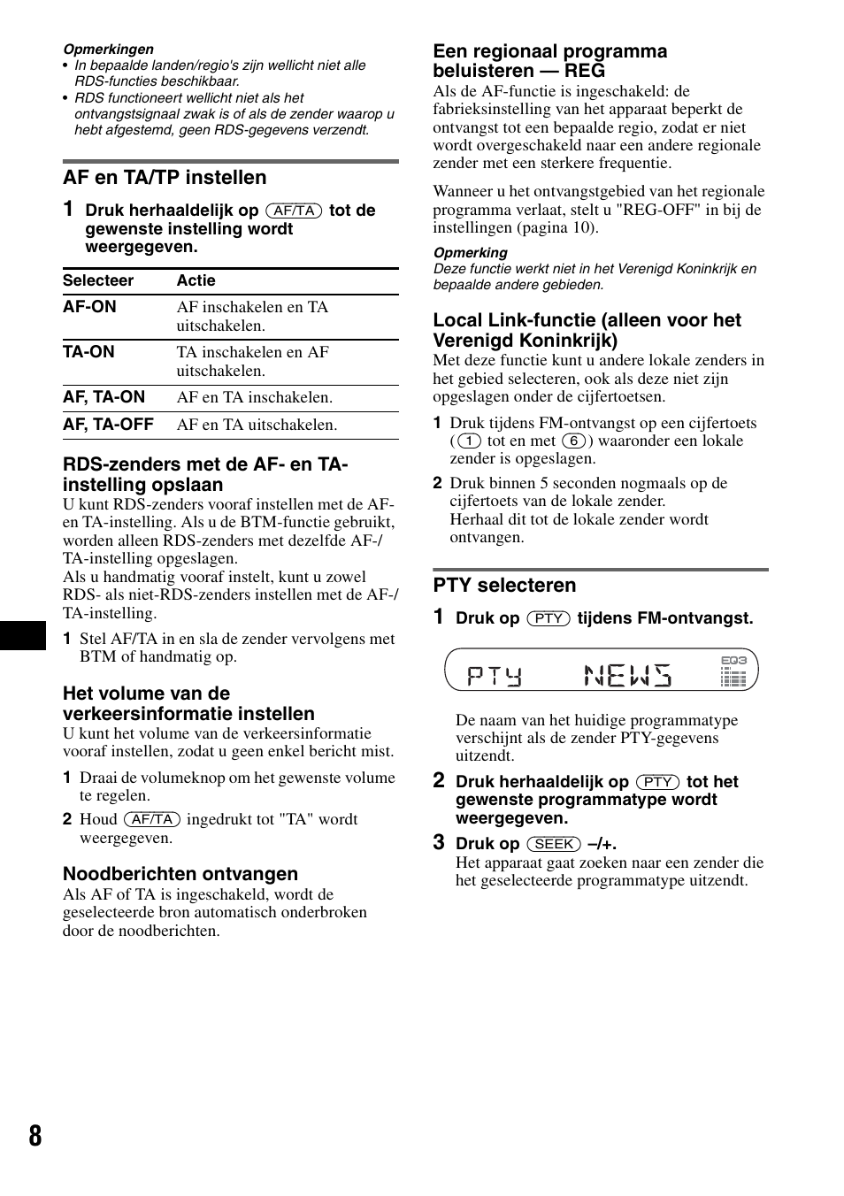Af en ta/tp instellen, Pty selecteren, Af en ta/tp instellen pty selecteren | Sony CDX-GT200S User Manual | Page 78 / 92
