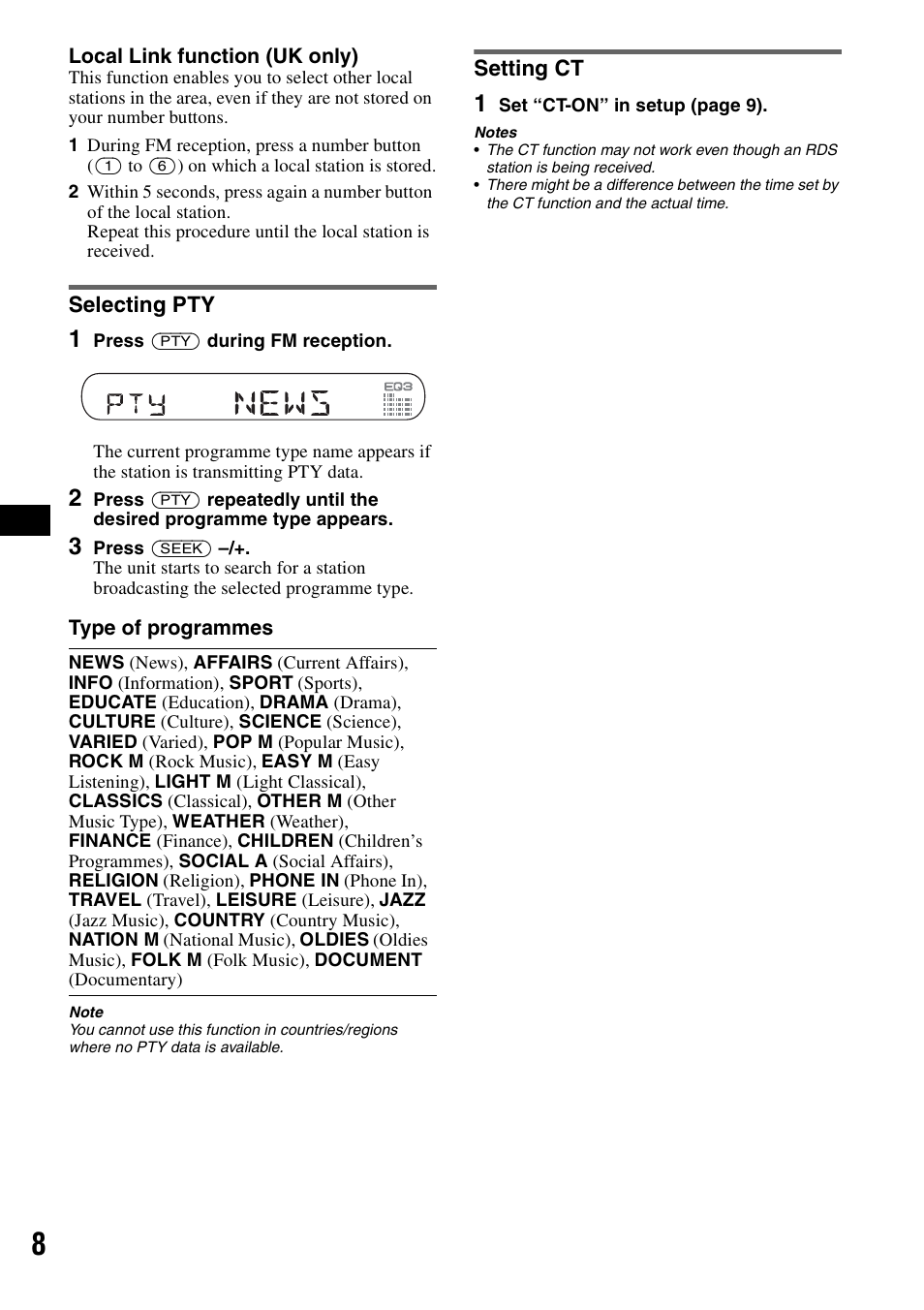 Selecting pty, Setting ct, Selecting pty setting ct | On 8 | Sony CDX-GT200S User Manual | Page 8 / 92