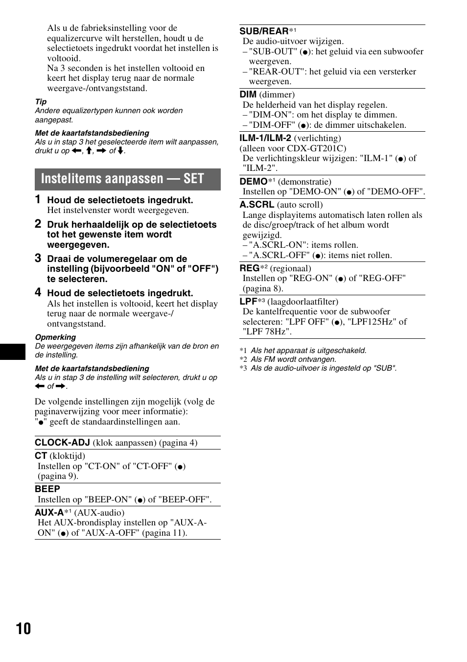 Instelitems aanpassen - set, Instelitems aanpassen — set | Sony CDX-GT200S User Manual | Page 80 / 92