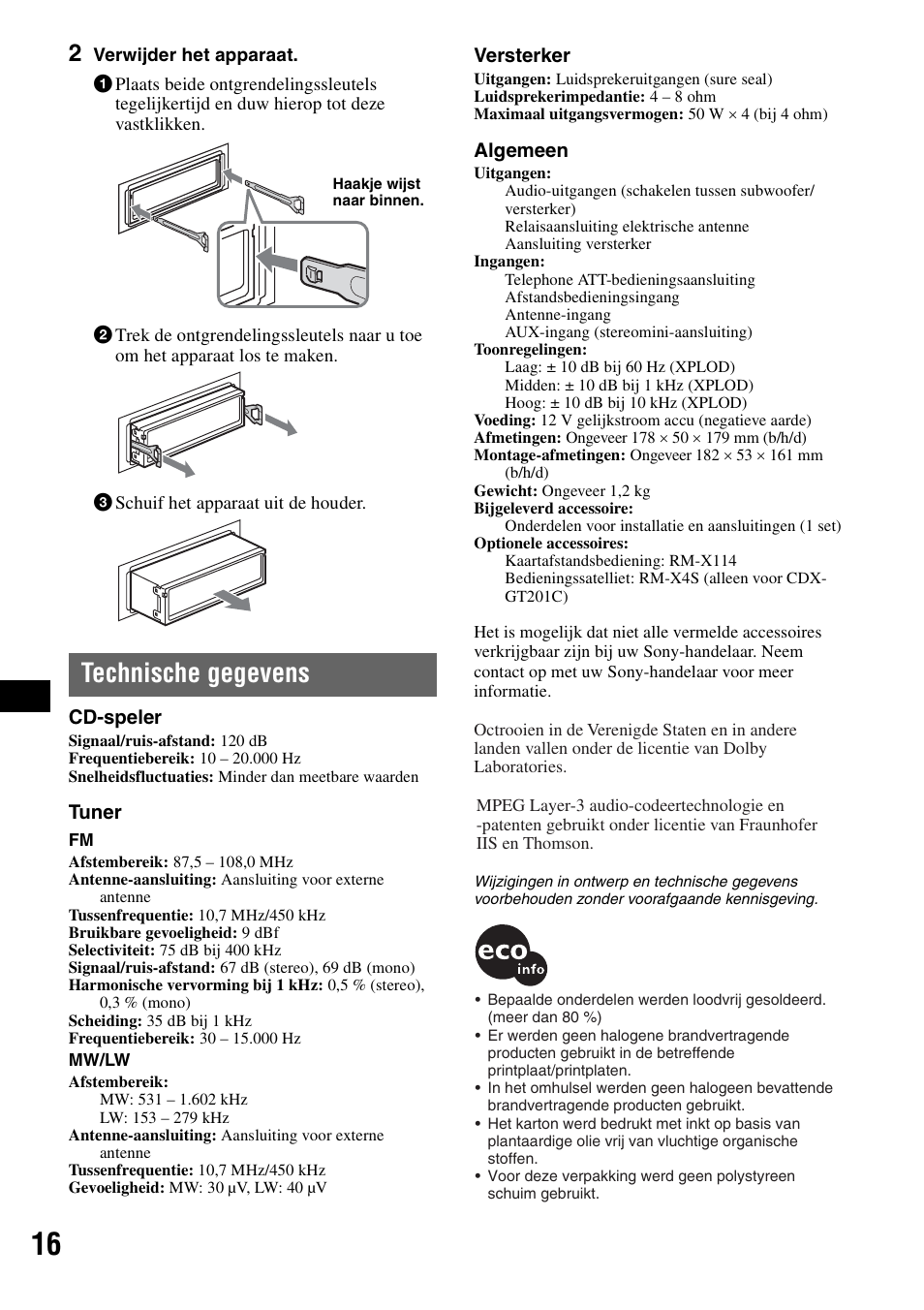 Technische gegevens | Sony CDX-GT200S User Manual | Page 86 / 92