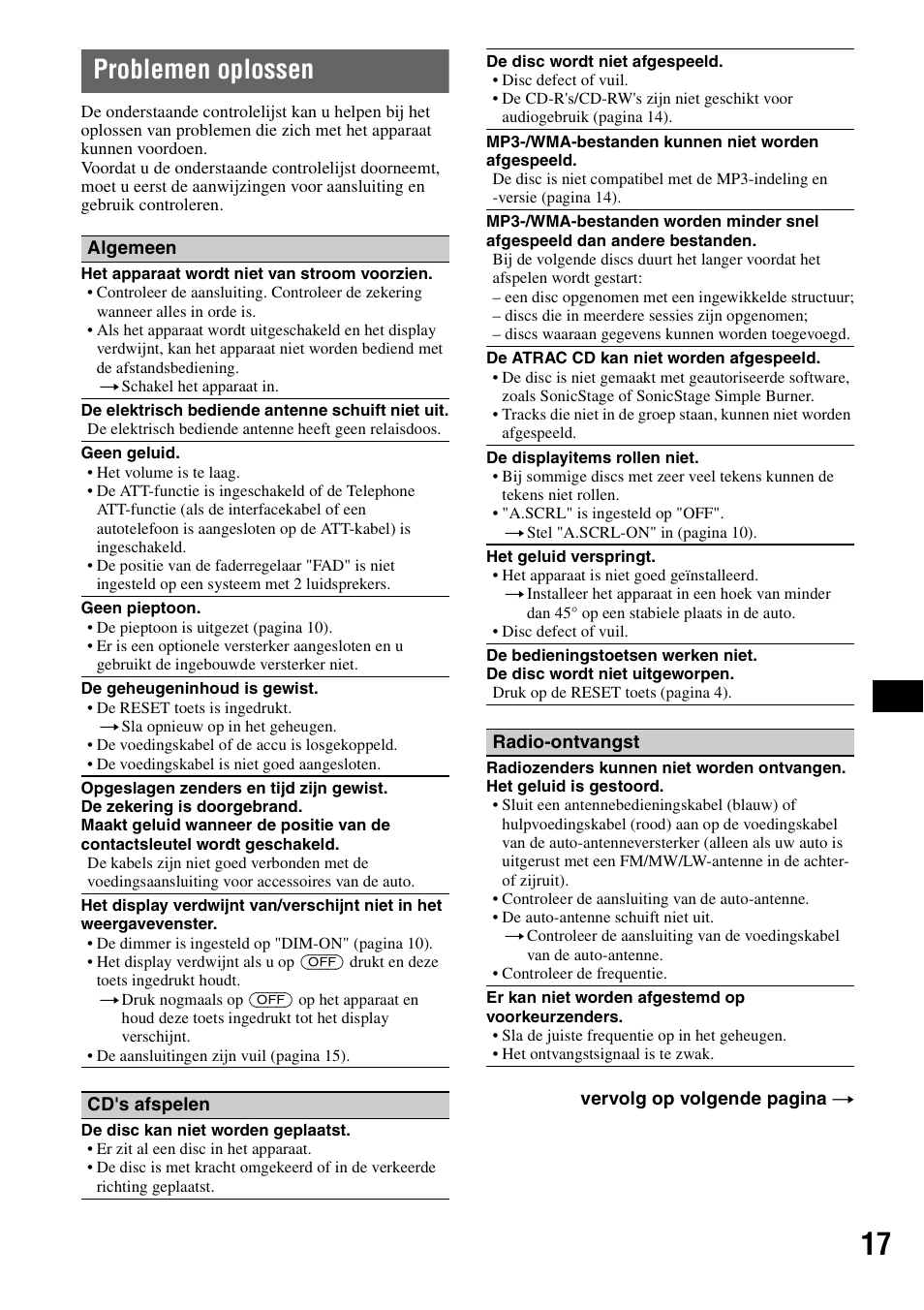 Problemen oplossen | Sony CDX-GT200S User Manual | Page 87 / 92