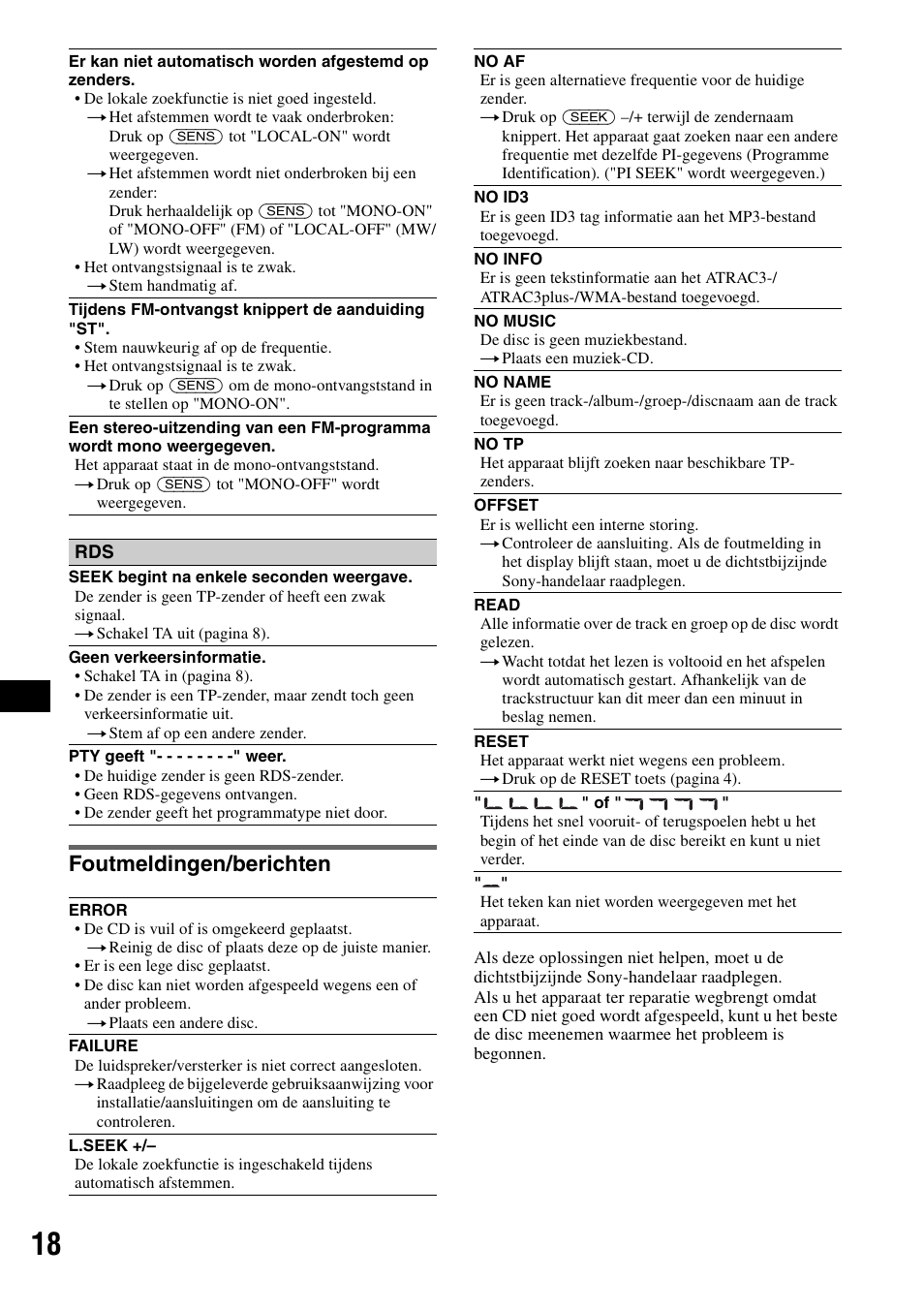 Foutmeldingen/berichten | Sony CDX-GT200S User Manual | Page 88 / 92