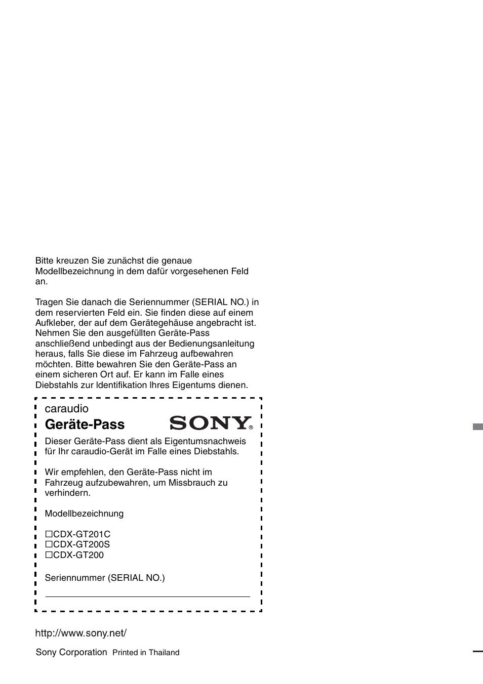 Geräte-pass, Caraudio | Sony CDX-GT200S User Manual | Page 92 / 92