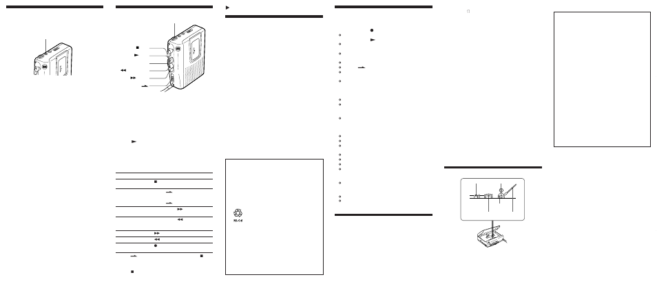 Maintenance, Playing a tape, Recording from various sound sources | Precautions, Troubleshooting, Specifications, Zadditional information, Recording with an external microphone, Recording from another equipment | Sony 453V User Manual | Page 2 / 2