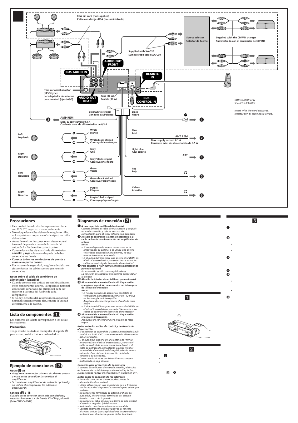 Precauciones, Lista de componentes ( 1 ), Ejemplo de conexiones ( 2 ) | Diagramas de conexión ( 3 ) | Sony CDX-L570X User Manual | Page 2 / 4