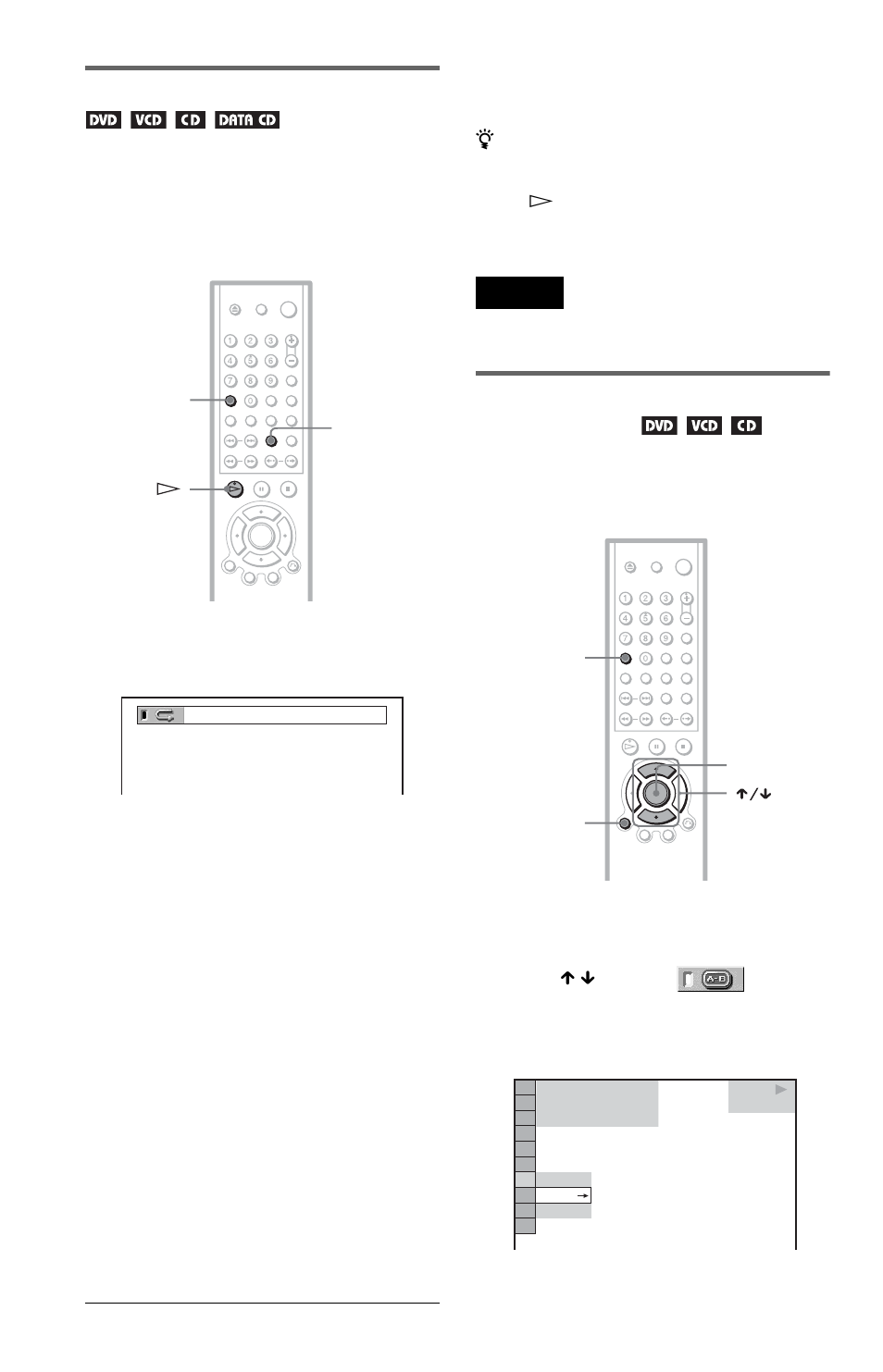 Playing repeatedly (repeat play), Repeating a specific portion (a- b repeat play) | Sony DVP-NS425P User Manual | Page 34 / 68