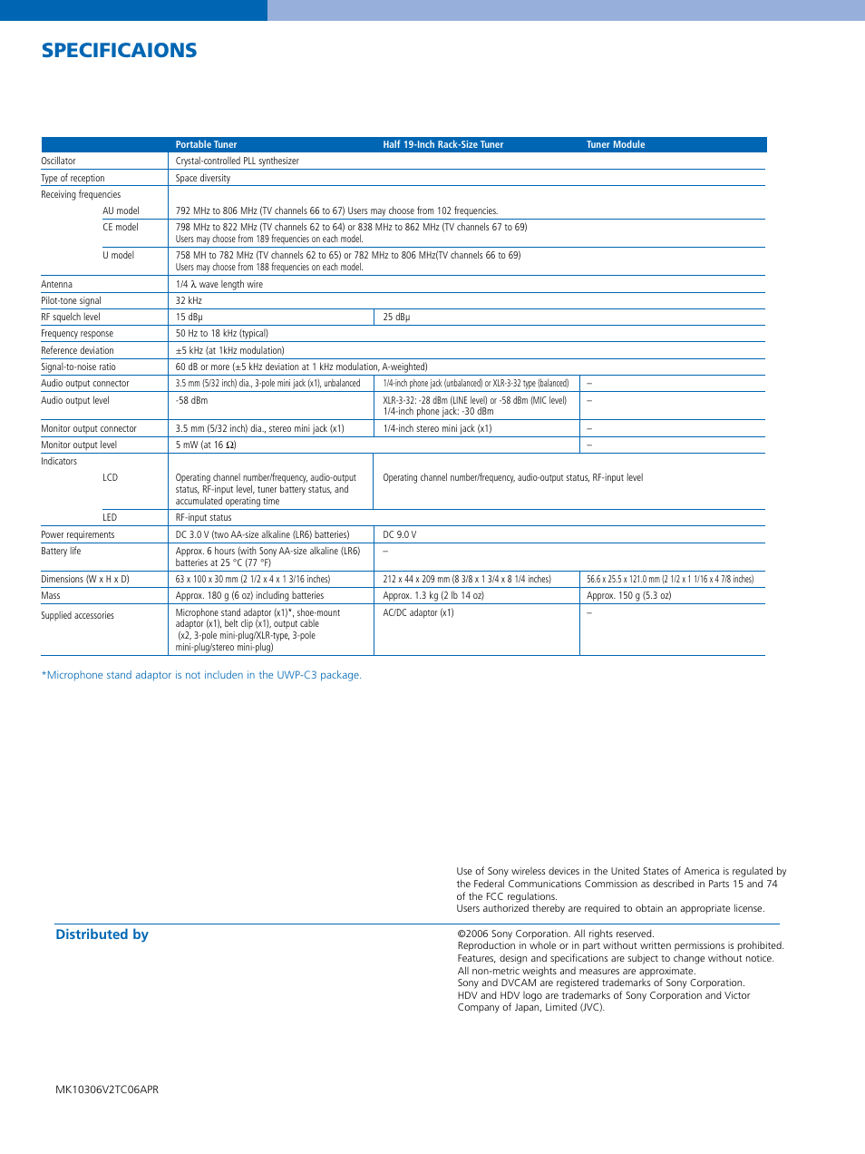 Specificaions, Distributed by | Sony UWP-C1 User Manual | Page 12 / 12
