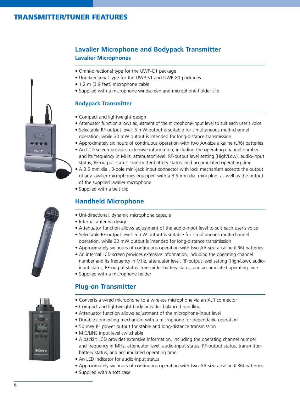 Transmitter/tuner features, Lavalier microphone and bodypack transmitter, Handheld microphone | Plug-on transmitter | Sony UWP-C1 User Manual | Page 7 / 12