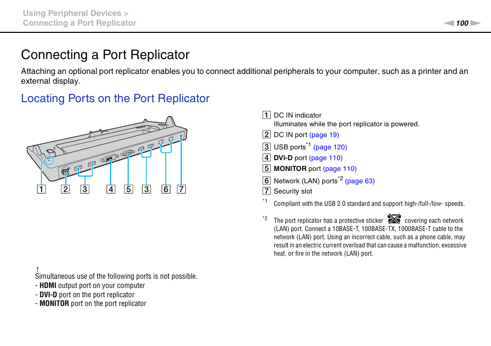 Connecting a port replicator, Locating ports on the port replicator | Sony VAIO VPCZ12 SERIES User Manual | Page 100 / 209